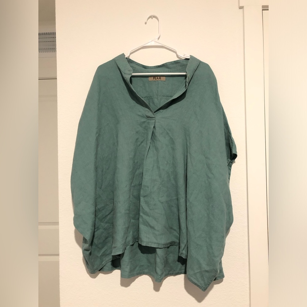 Flax LagenLook Relaxed V-Neck Teal Green 100% Linen Tunic